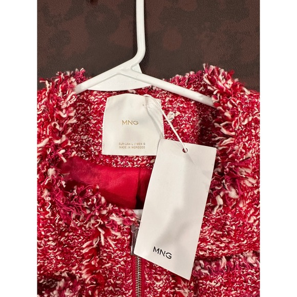 MNG Mango Womens Red White Zip Up Tweed Jacket Raw Fringe Trim Size L - Picture 4 of 11